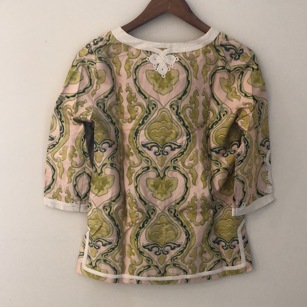J.Crew Silk Tunic Top in Green, Pink & Cream Floral Asian style print lace trim - Picture 3 of 10